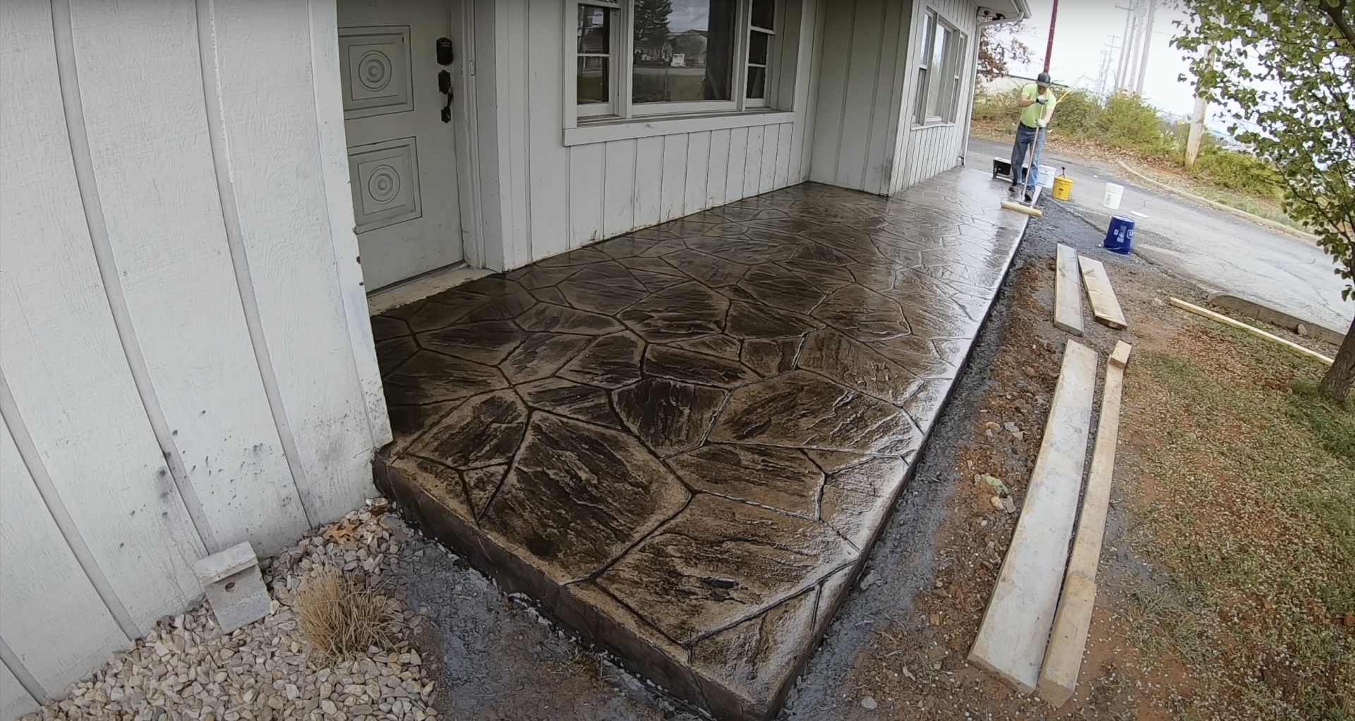 Beautiful stamped concrete patio with decorative pattern